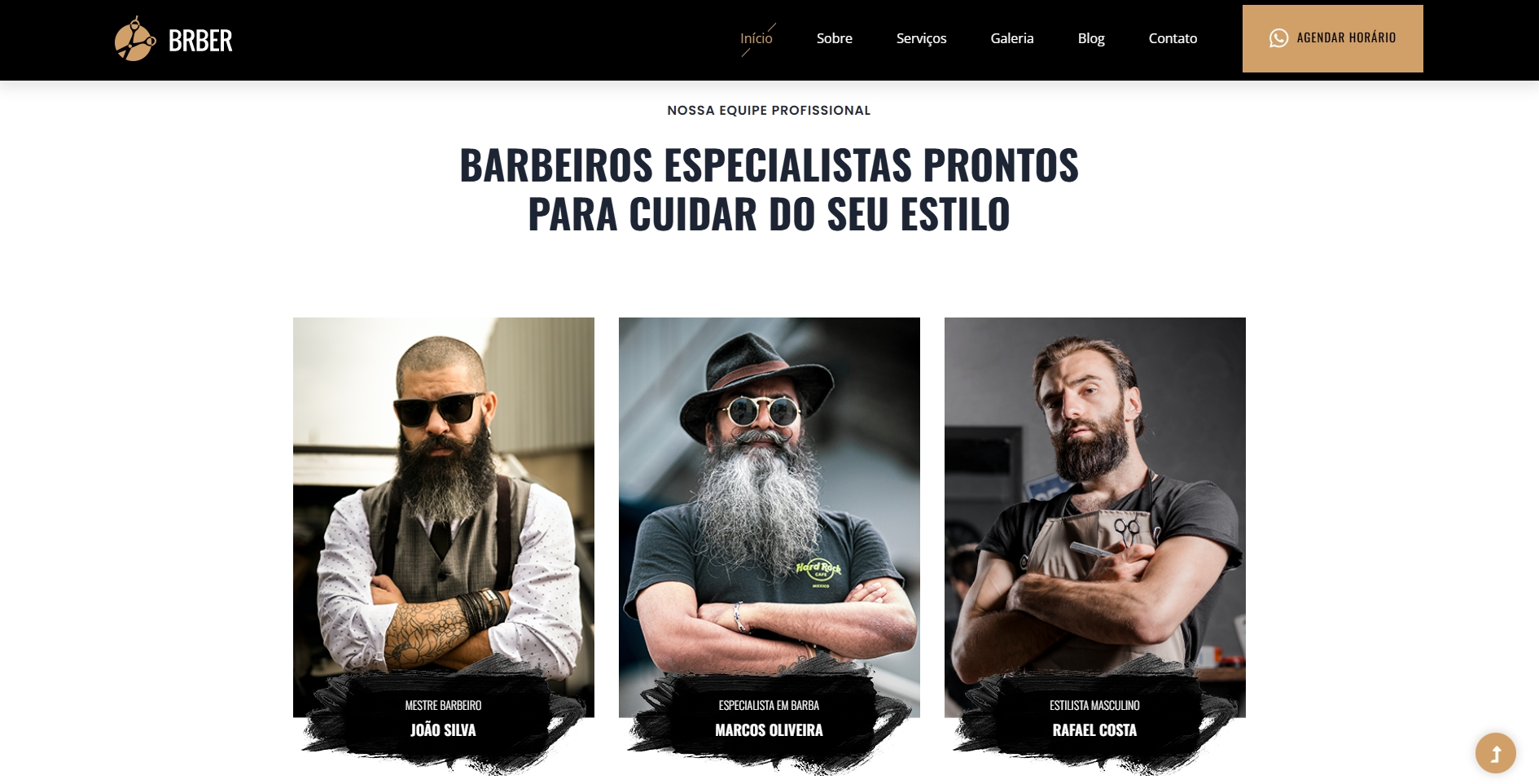 Página de equipe de site de barbearia