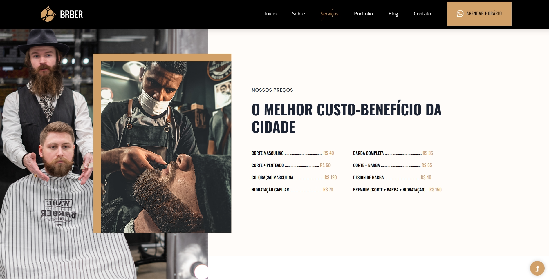 Página de serviços de site de barbearia
