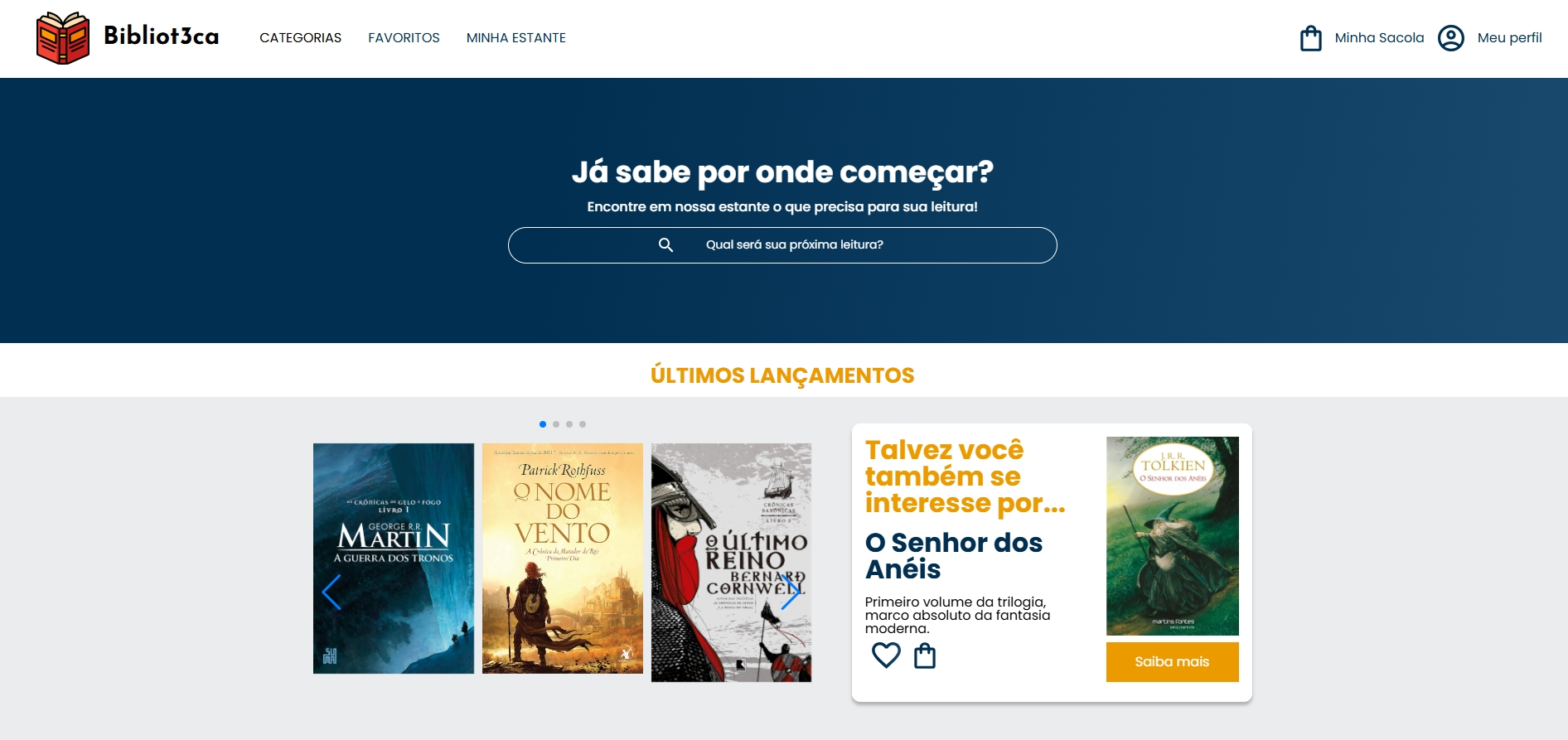 Página de loja de livros virtual com últimos lançamentos
