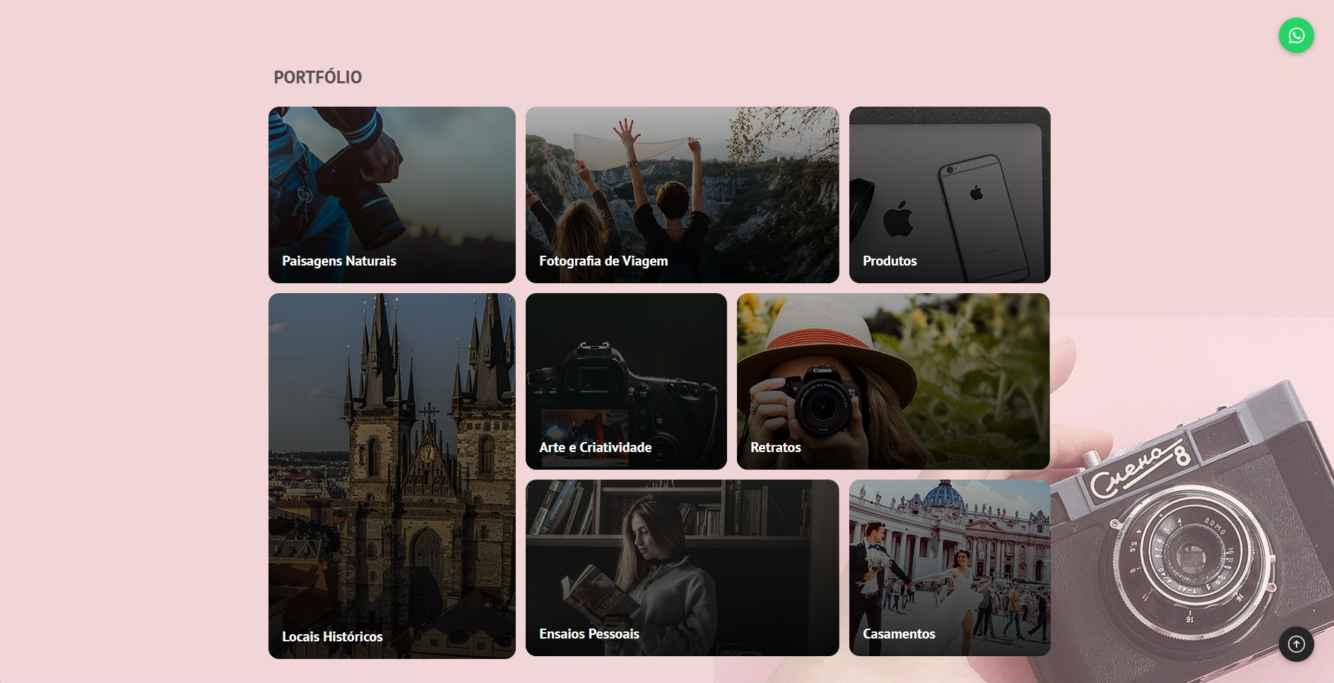 Seção de portfolio da página de fotografia