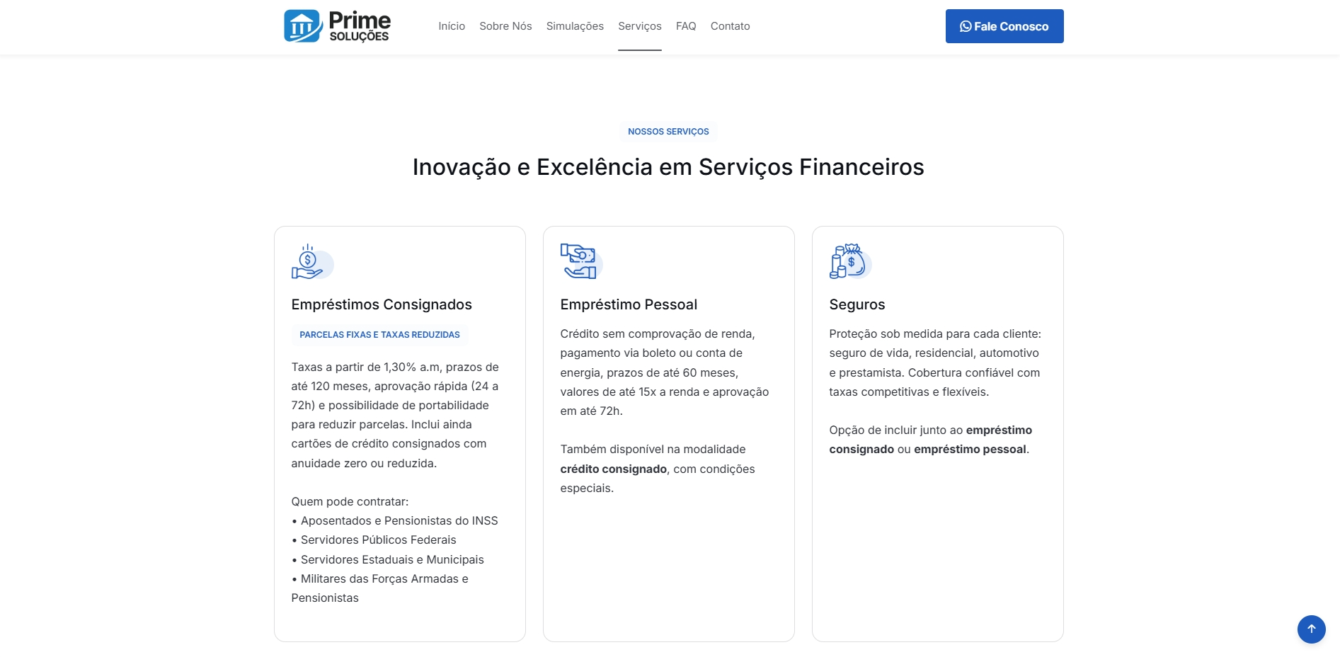 Página de serviços da Prime Soluções Bancárias