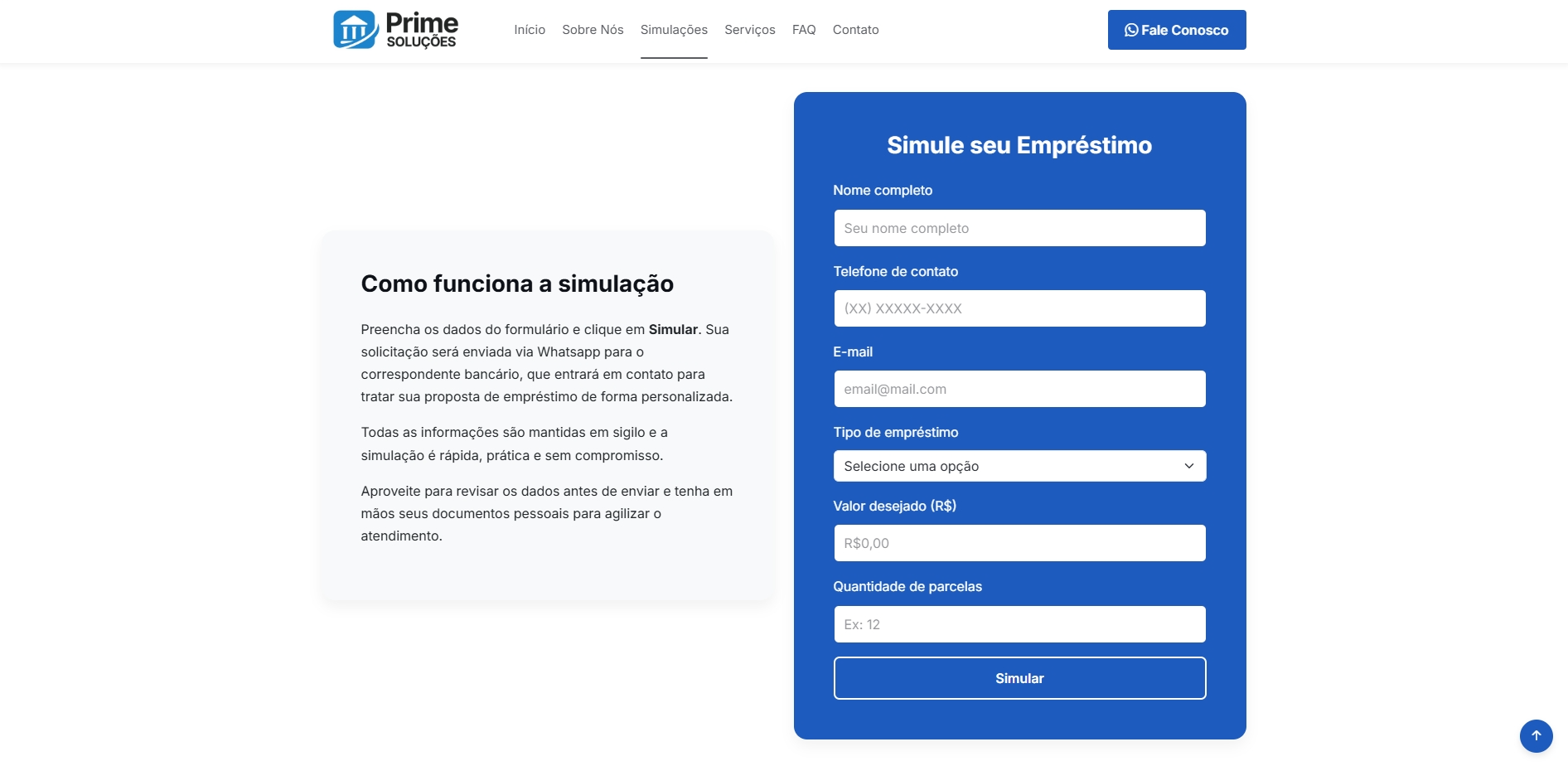 Página de simulação de empréstimo da da Prime Soluções Bancárias