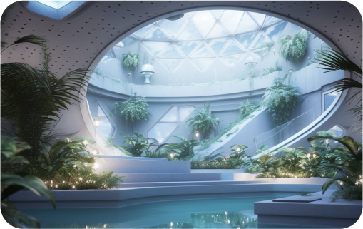 Piscina coberta com uma claraboia redonda, grande e rodeada com jardinagem
