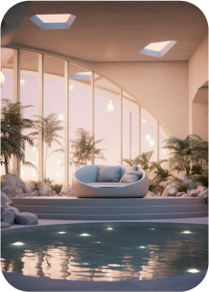 Ambiente da Calmaria Spa com poltrona, plantas e uma piscina